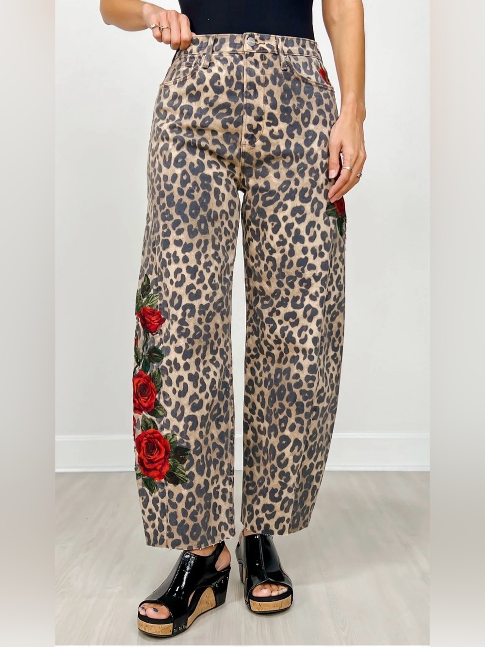 DRIFTWOOD Leopard Print Wide-Leg Jeans with Red Rose Embroidery
